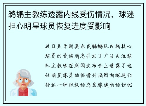 鹈鹕主教练透露内线受伤情况，球迷担心明星球员恢复进度受影响