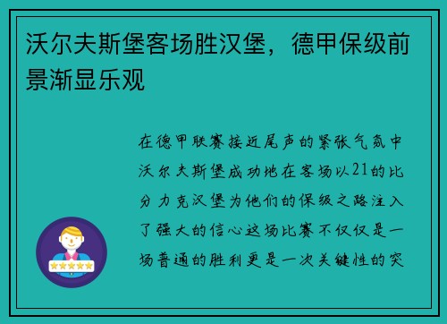 沃尔夫斯堡客场胜汉堡，德甲保级前景渐显乐观