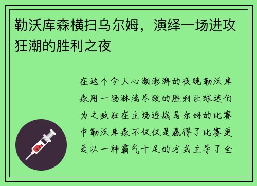 勒沃库森横扫乌尔姆，演绎一场进攻狂潮的胜利之夜