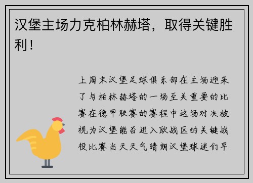 汉堡主场力克柏林赫塔，取得关键胜利！
