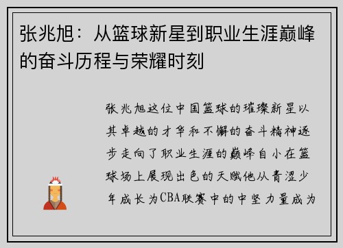 张兆旭：从篮球新星到职业生涯巅峰的奋斗历程与荣耀时刻