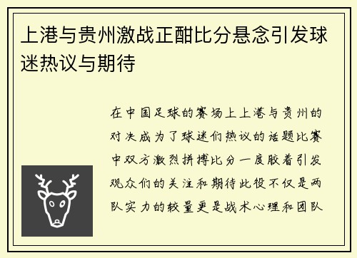 上港与贵州激战正酣比分悬念引发球迷热议与期待