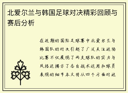 北爱尔兰与韩国足球对决精彩回顾与赛后分析