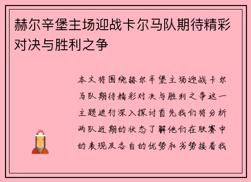 赫尔辛堡主场迎战卡尔马队期待精彩对决与胜利之争